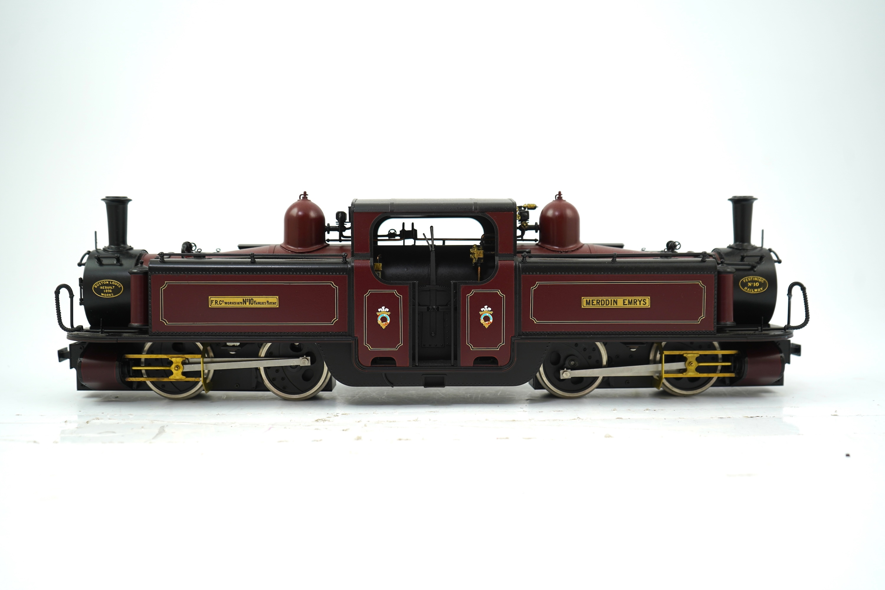 A 16mm scale (running on 32mm rails) commercially produced brass model of Ffestiniog Railway Double Fairlie narrow gauge locomotive Merddin Emrys No.10, powered for two rail operation.